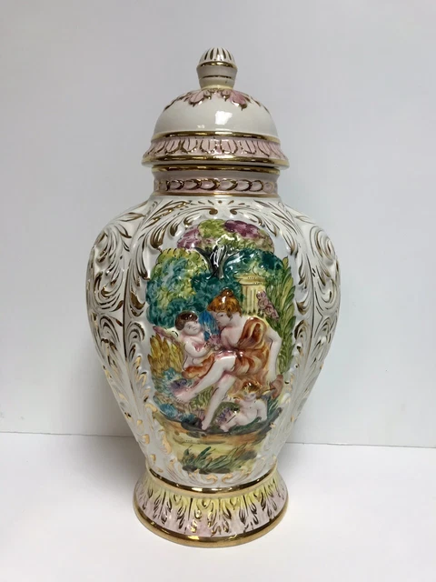 Capodimonte Keramos Italian Porcelain Lidded Jar Vase Urn, 16.5"