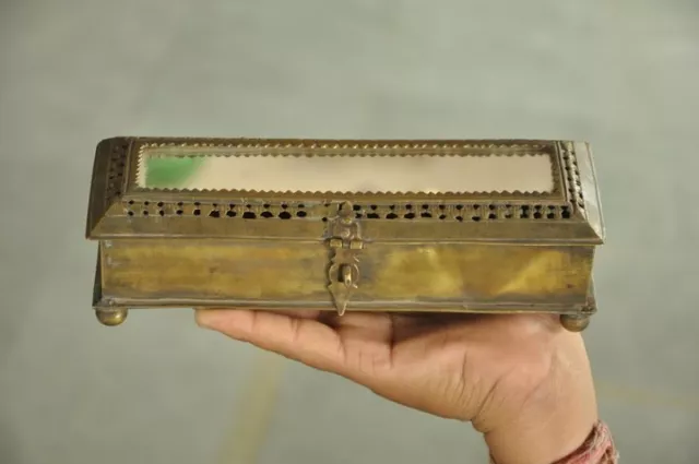 Old Brass Handcrafted Mirror Fitted 2 Compartment Jali Cut Jewellery Box