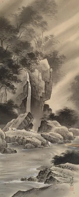 G1626 Japonés Vintage Colgante Rollo Kakejiku Mano Pintura Seda Paisaje River