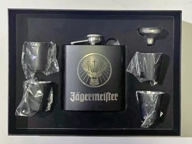 Jagermeister 6 oz black stainless steel flask w optional presentation box