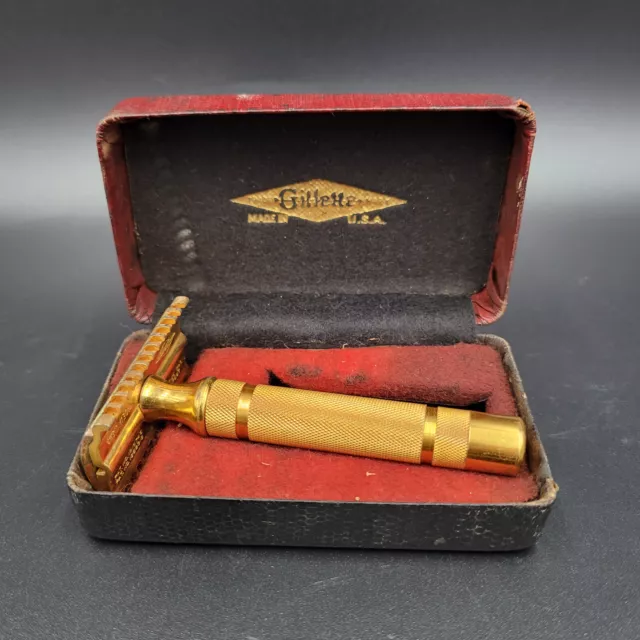 Vintage 1930's Gillette New Red & Black Gold Tone Bar Handle DE Razor w/ Case