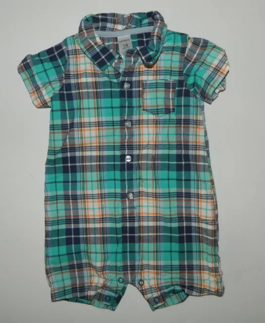 CARTERS boys Aqua Navy Blue Plaid Short Romper* 18 months