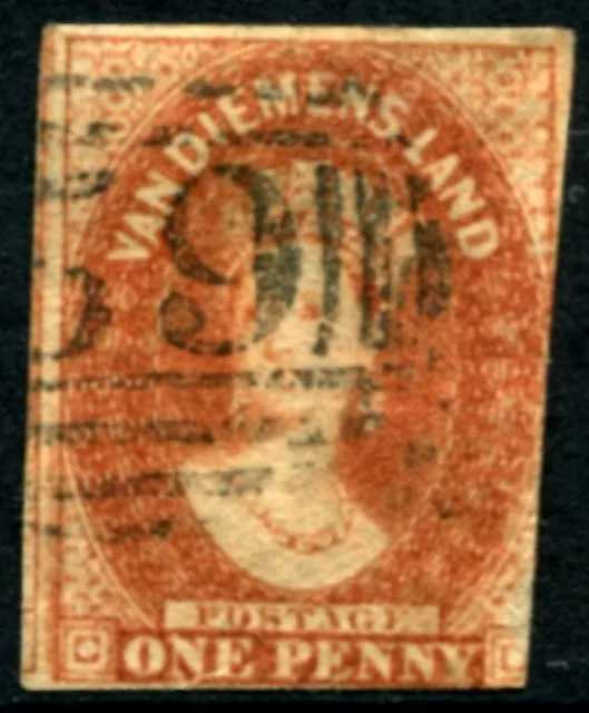 TASMANIA -1863 - 1d BRICK RED Chalon Imperforate GU SG 27 Cv £42 [D0015]