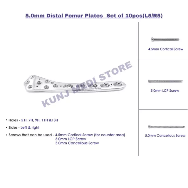 Juego de placas de fémur distal de 5,0 mm de 10 piezas (L5/R5) Instrumento...