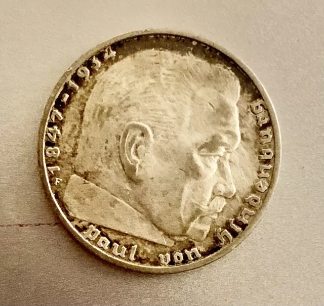 1937 German Nazi Silver Coin - 2 Marks