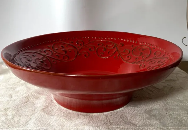 UMBRIAVERDE CERAMICH Round Serving Bowl - Red with Brown Embossed Scrolls & Dots