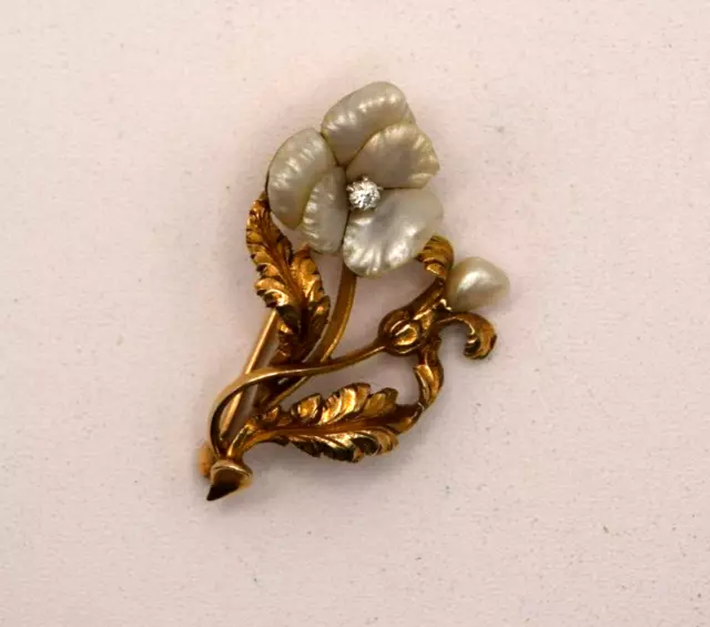 Antike Blumen Gold Brosche mit Brillant Perle / Perlmutt Vintage |1478.1.1 2