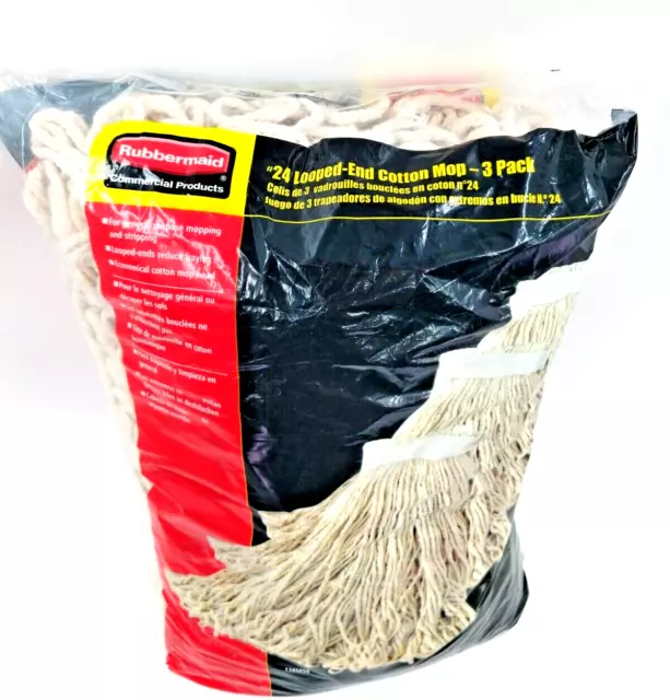 3-Pack Rubbermaid Commercial #24 Large Cotton Looped Ends Mop Heads Refills USA