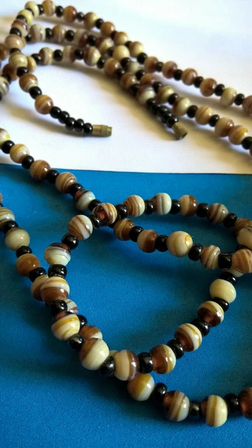 Vintage Long Collier Sautoir de Perles de Verre Agate / Glass Beads Necklace
