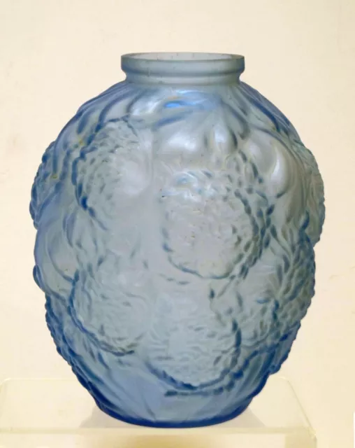 French Art Deco Blue Glass Vase with Chrysanthemums