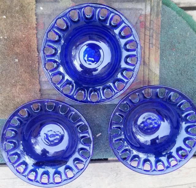 3 Cobalt Blue Blown Art Glass Bowls Lace Cutouts Large Vintage Made In Spain