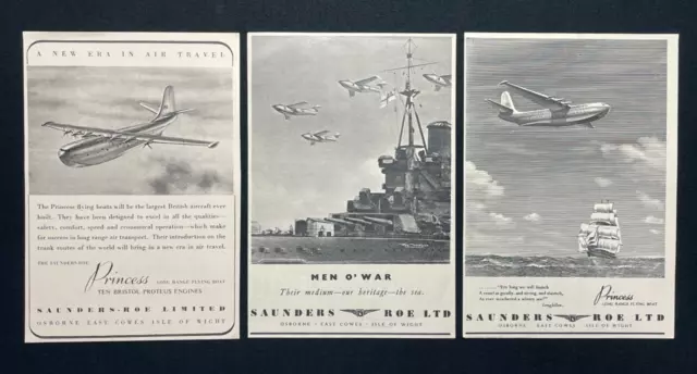 Set of 3 1950s Print Ads, Saunders-Roe Princess Flying Boats, British Aircraft