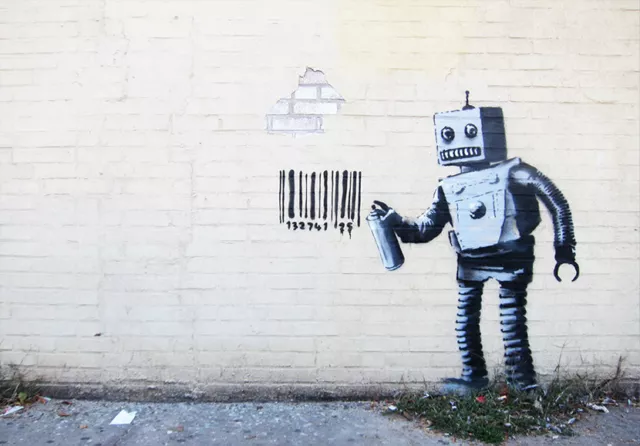 Banksy Framed Canvas Street Graffiti Painting Print Art Robot Bar Code Number