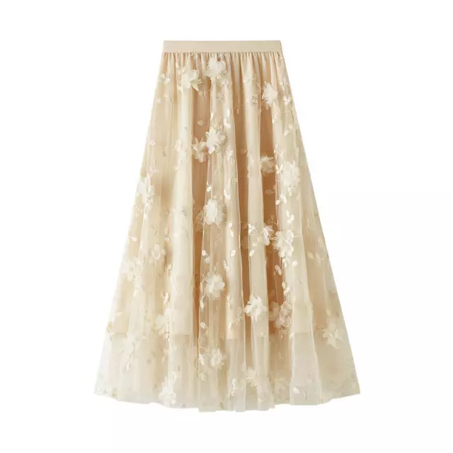 Womens Tulle Skirt Pleated Tutu Elastic High Waist Lace Flower Mesh A-line Midi 3