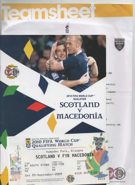 2009 SCOTLAND v MACEDONIA World Cup Qualifier 5th September + T/SHEET + Ticket