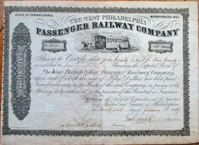 Trolley/Tram 1859 Stock Certificate: West Philadelphia Passenger Railway Co.- PA