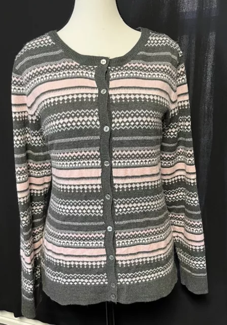 CROFT & BARROW Size Large Cardigan Sweater Button Front Pink White Gray Spring