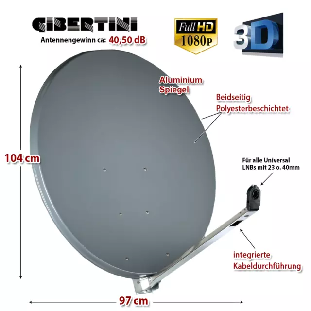 Gibertini Sat Antenne 100 cm Alu Satellitenschüssel Schüssel Spiegel Anthrazit