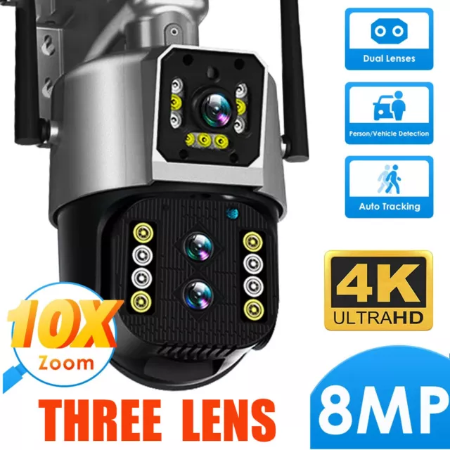 8MP 4K Wifi Security Camera Three Lens 10X Zoom Outdoor PTZ IP Night Vision Cam
