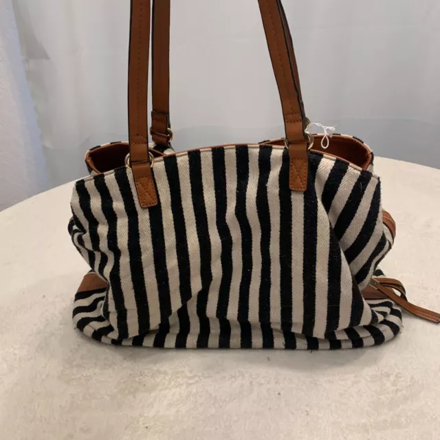 Sole Society Millie Stripe Tote Black Beige Leather Shoulder Strap Large