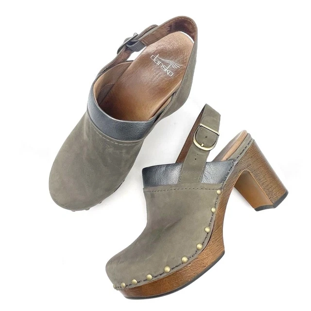 DANSKO DELLE NUBUCK Leather Block Heel Clogs Mossy Gray Size 37 US 6.5 7 RARE 85.00 PicClick