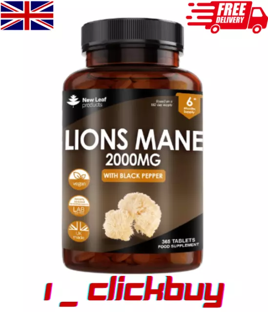 Lions Mane Extract Mushroom 2000mg - 365 High Strength Vegan Tablets UK Made