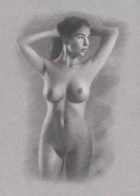 Nude Female Original Drawing Charcoal Fine Art Naked Woman Lady Pinup