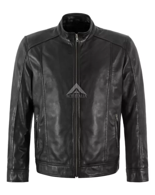 Men's Classic Genuine Leather Jacket Black Casual Fashion Biker Style Jacket