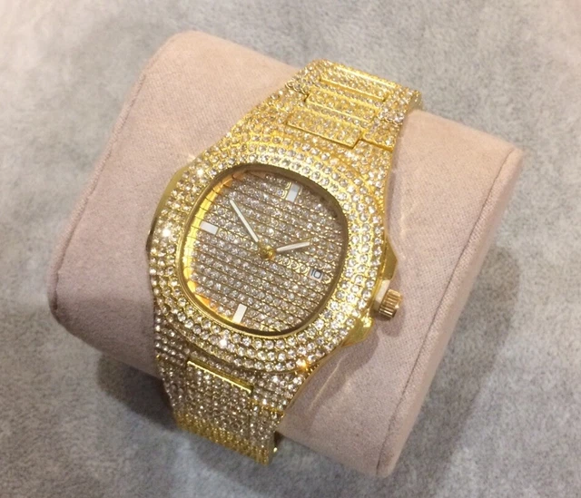 GOLD LARGE FACE Men s Luxury Diamond Bling Watch Bezel Quartz Big