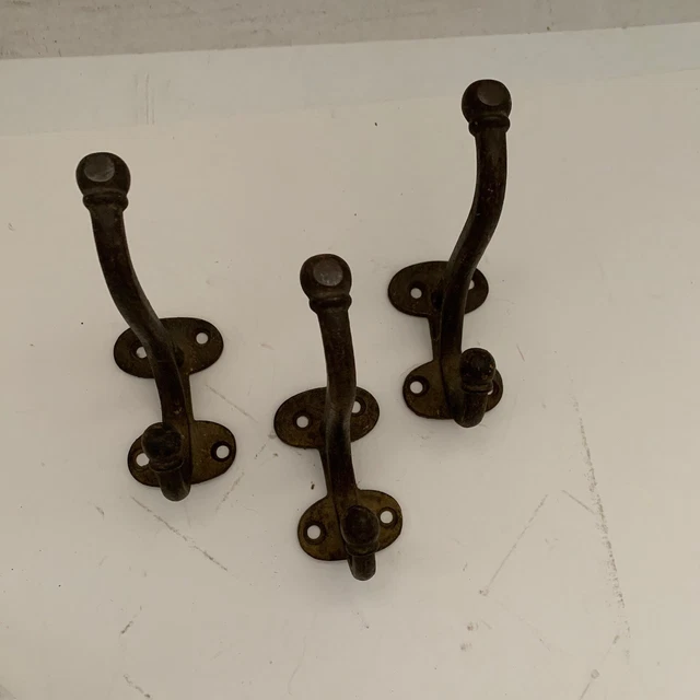 3 Double Coat Hooks Farm House Barn Clothes Bath Robe Cast Iron Metal Vintage 3