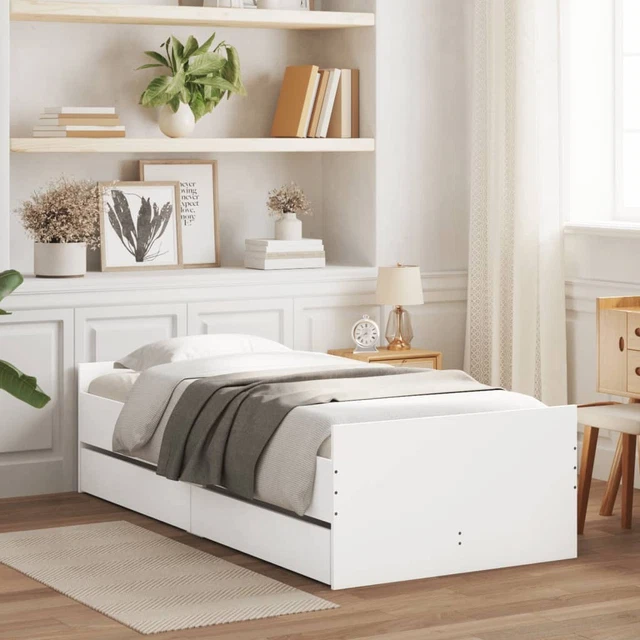 BED FRAME WITH Drawers White Engineered Wood 90 x 200 cm 2 Drawers ...