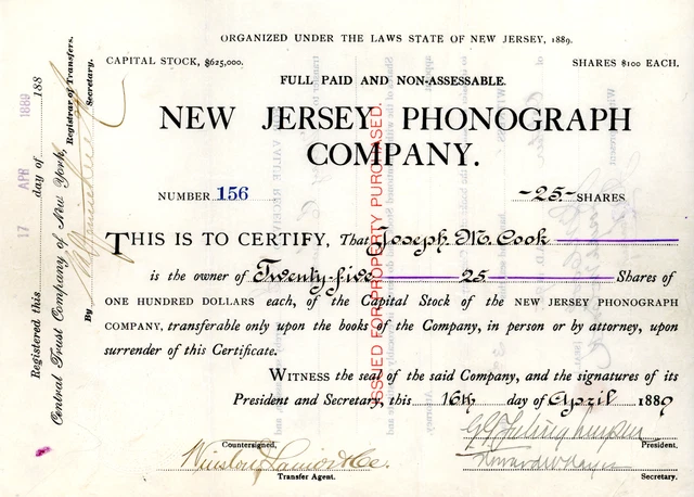 New Jersey Phonograph Company Stock Certificate 1889 "RARE"