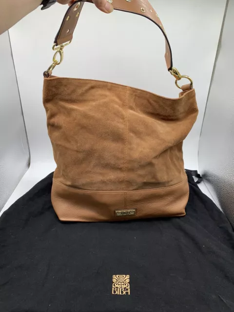 BIBA TAN BROWN Suede Leather Gold Trim Shoulder Grab Bag Tote