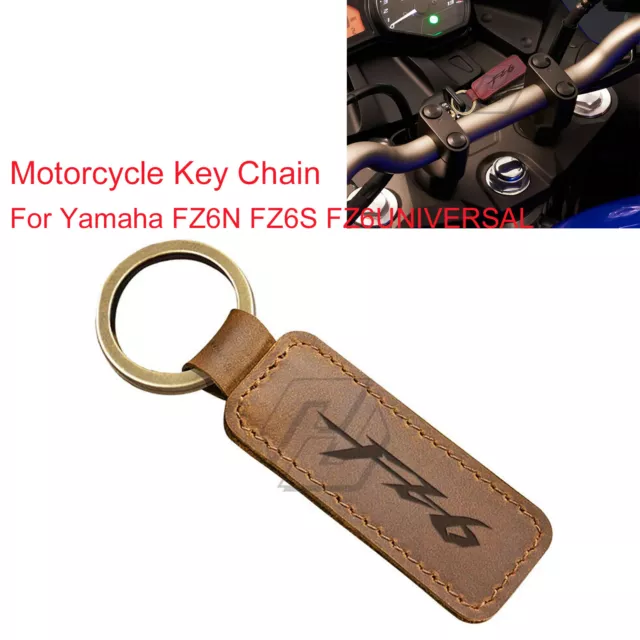 Leather Motorcycle Key Chain Metal Ring Keychain For Yamaha FZ6N FZ6S FZ6 Brown