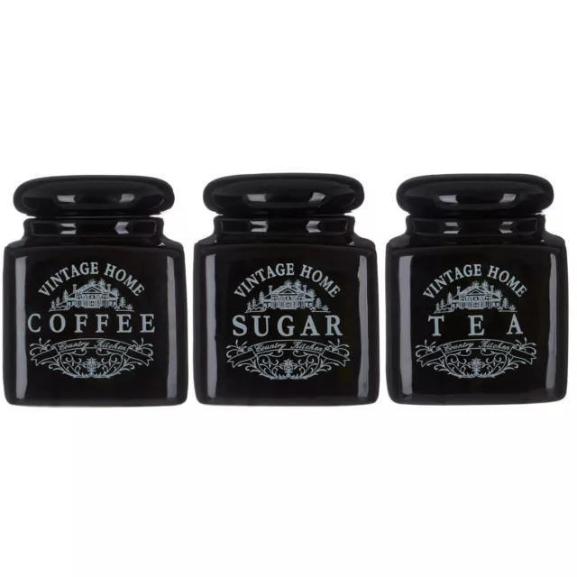 Set Of 3 Black Ceramic Vintage Tea Sugar Coffee Jars Canisters Kitchen Storage