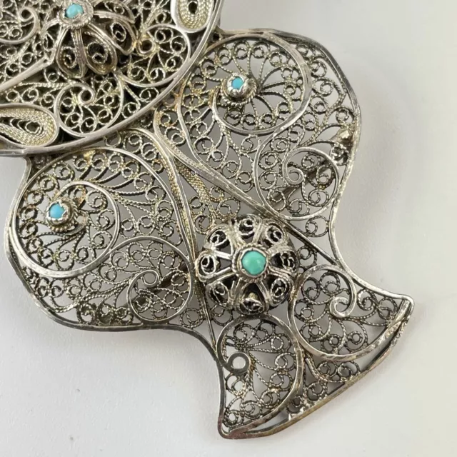 Antique Russian? Solid Silver Filigree Turquoise Set Belt Buckle 11.5cm X 5cm 3