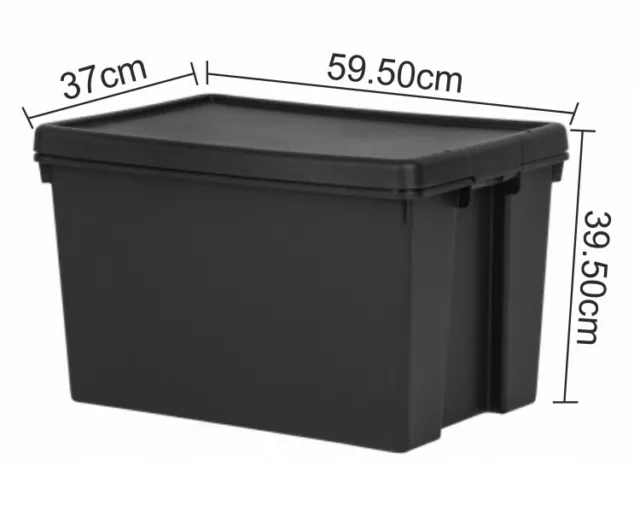 62L Black Storage Box Lid Recycled Plastic Heavy Duty Stackable Container - UK