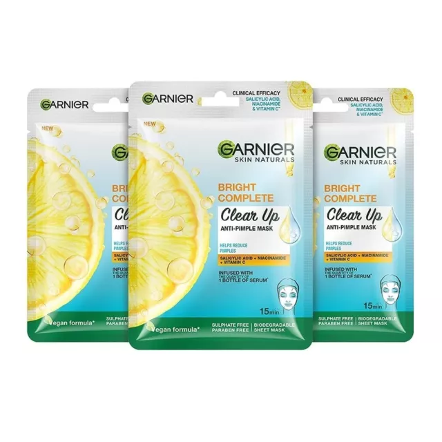 Garnier Bright Complete Sheet Mask Combo For Clear, Hydrated Skin (Pack of 3)