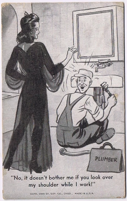 Postcard Comic Plumber Lady In Negligee Dosn't Bother Me If You Look