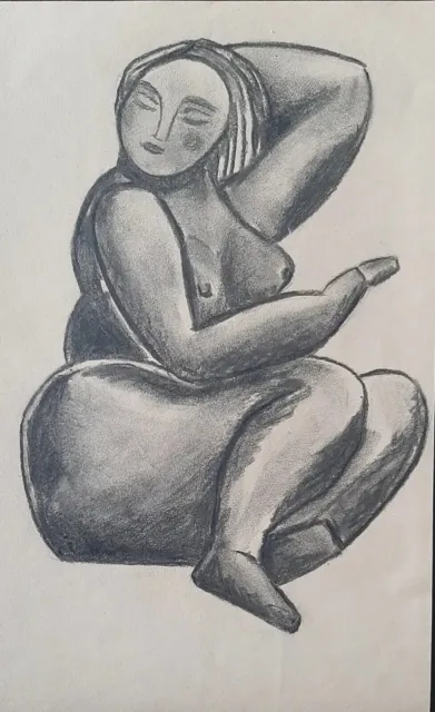 Joli Dessin Fusain  Art Moderne Femme Nue  d'après sculpture de BOTERO