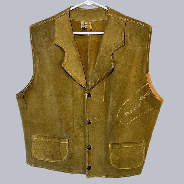 1920s 1930s Vintage Leather Vest Western Suede Pockets Hodkins Glove Co Size M