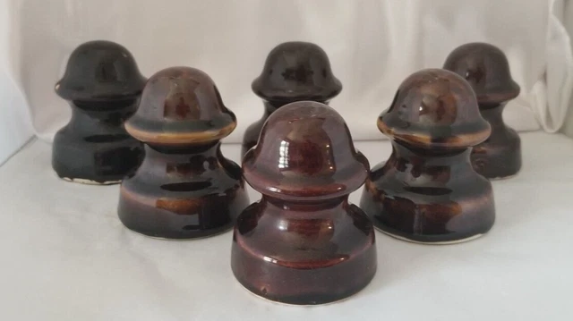 Lot of 6 Vintage Brown Ceramic Porcelain Electric Power Line Insulators