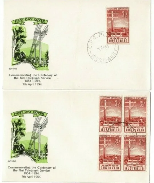 Stamps 1954 Australia 3&1/2d telegraph single & block of 4 on pair Guthrie FDCs