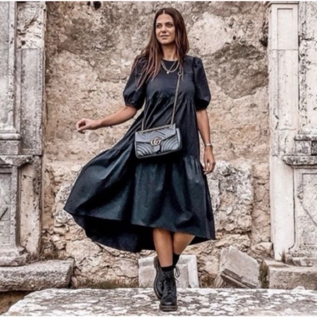 ZARA ASYMMETRIC POPLIN Midi Dress Black Puff Sleeves Tiered Cotton Pockets  Sz XS $38.00