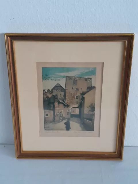 H884-Original-Radierung-Bild-Wachau-Dürnstein-gerahmt-signiert-Passepartout-