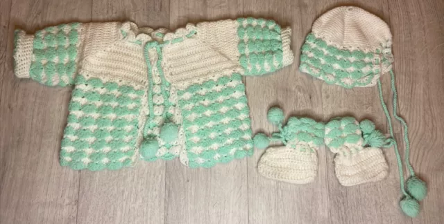 VTG 3-6 Month Crochet Baby Outfit Sweater Hat Boots Booties Set HandMade Unisex