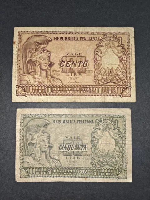 2 BANCONOTA REPUBBLICA ITALIANA LIRE 50 lire 100 ITALIA ELMATA 31.12.1951