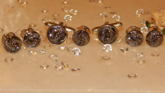 S/P 10mm Cufflinks & 10mm Shirt Studs & Dark Silver Druzy Resin Stones-Tuxedo