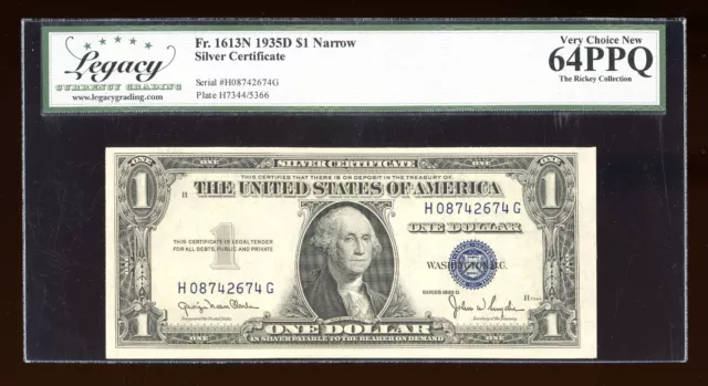 DBR 1935-D $1 Silver Fr. 1613N Narrow HG Block Legacy 64 PPQ Serial H08742674G