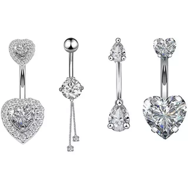 14G Double Heart CZ  Dangle Belly Button Ring Surgical Steel Piercing Navel Bar
